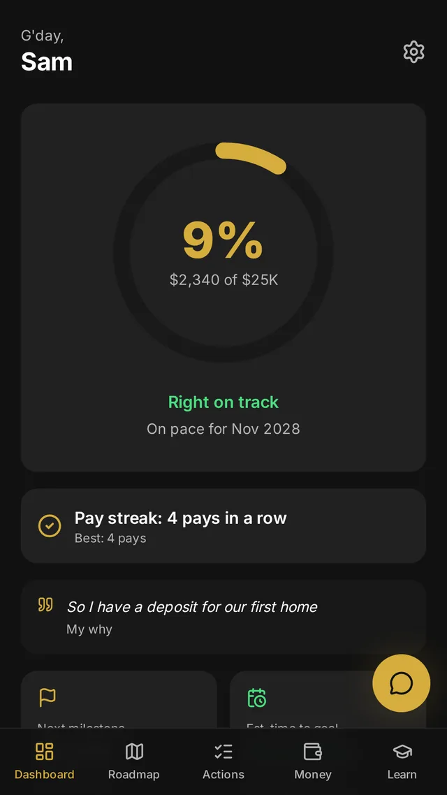 Ascent Money Dashboard showing savings progress, a weekly savings goal and pay streak